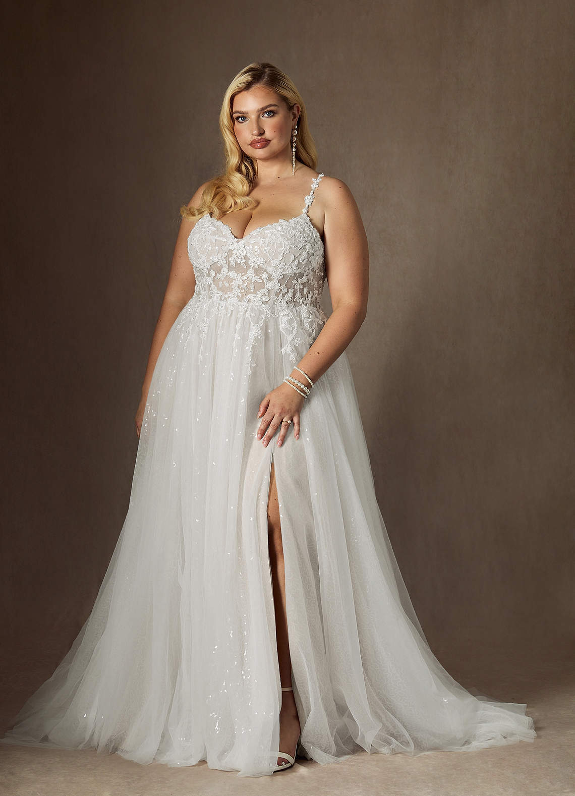 elyessen Florian Diamond White Champagne A-Line V-Neck Sequins Tulle Dress