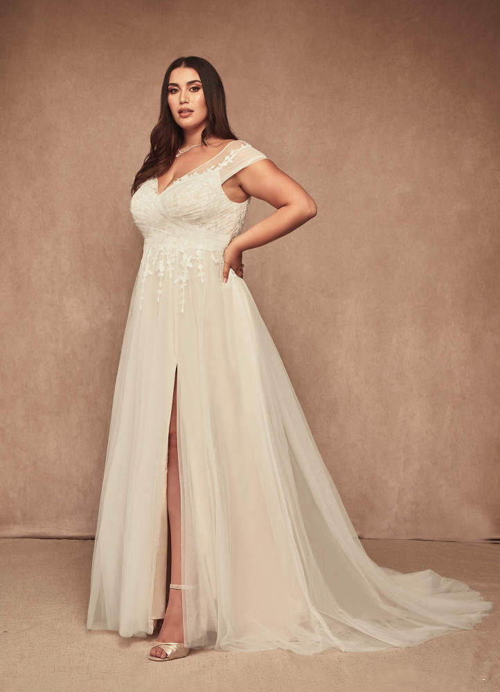 elyessen  Diamond White A-Line V-Neck Tulle Dress