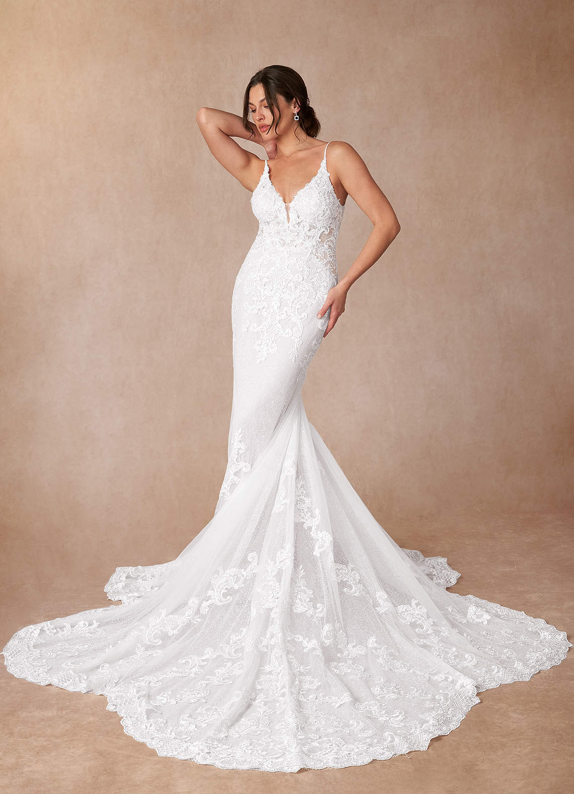 elyessen Selene Diamond White Mermaid V-Neck Lace Dress