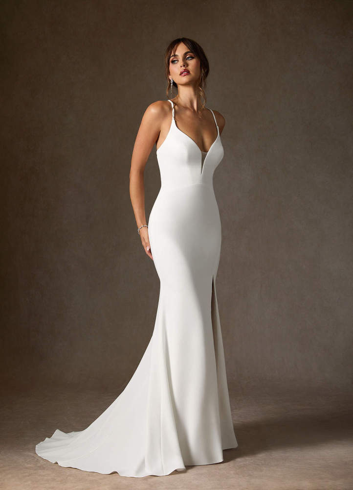 elyessen Stretch Diamond White Mermaid V-Neck Stretch Crepe Dress