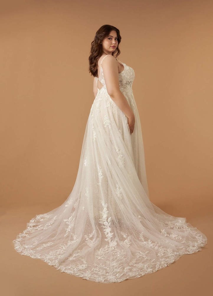 elyessen  Diamond White A-Line V-Neck Lace Tulle Dress