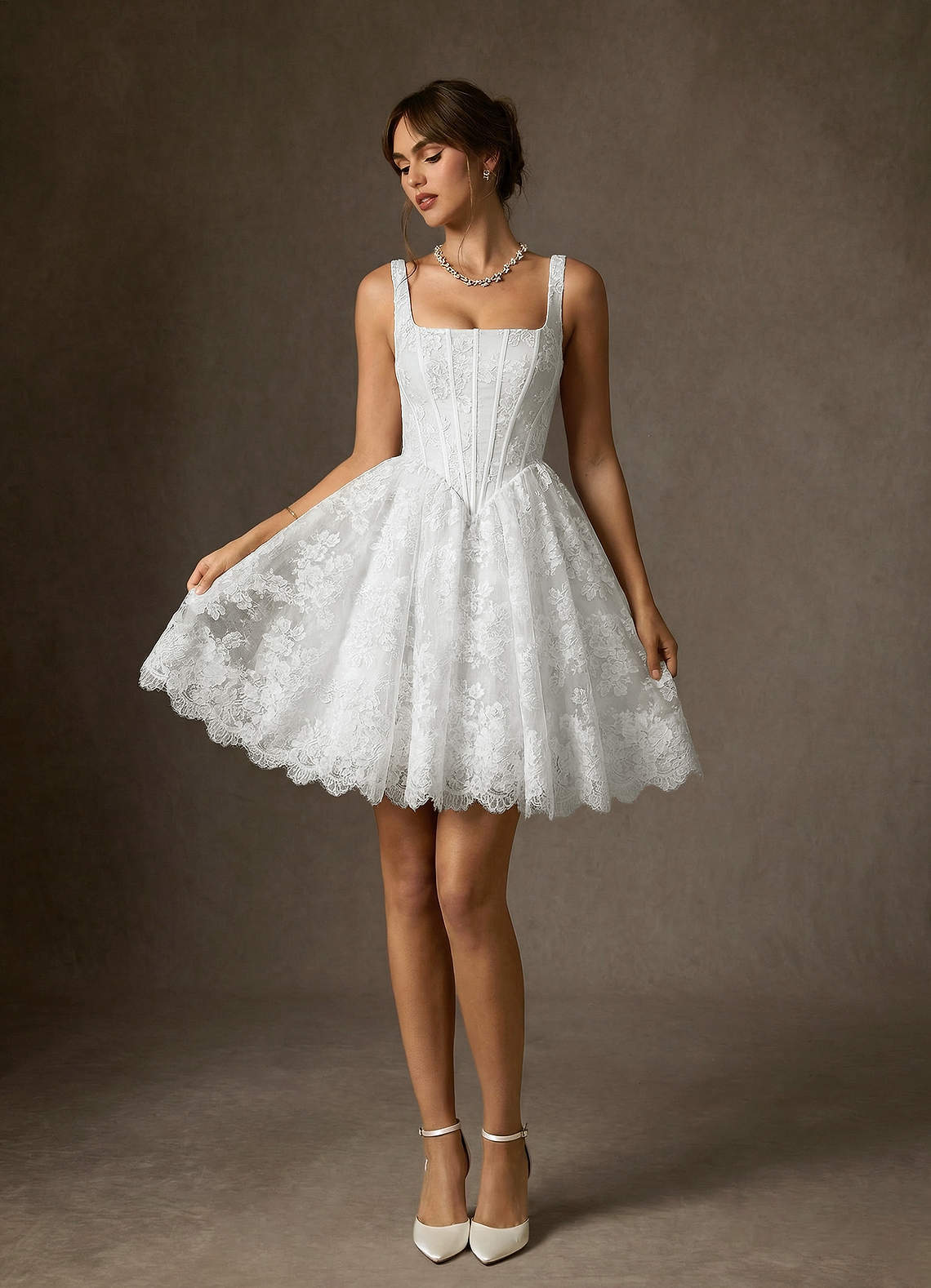 elyessen Nolicia Diamond White Ball-Gown Square Neckline Lace Dress