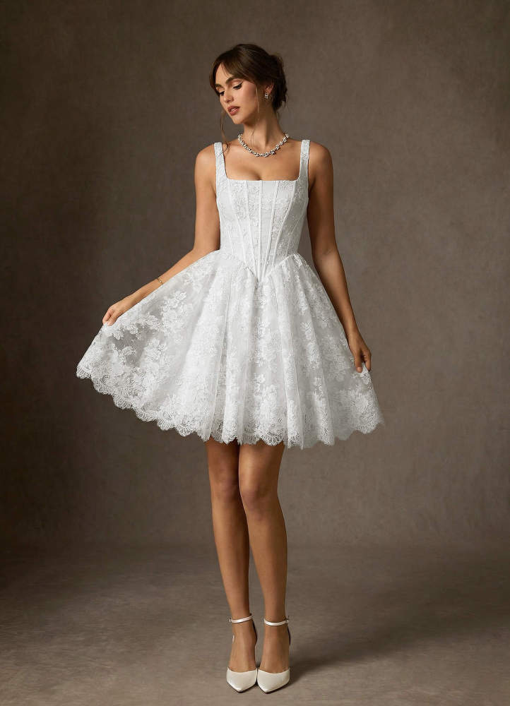 elyessen Nolicia Diamond White Ball-Gown Square Neckline Lace Dress