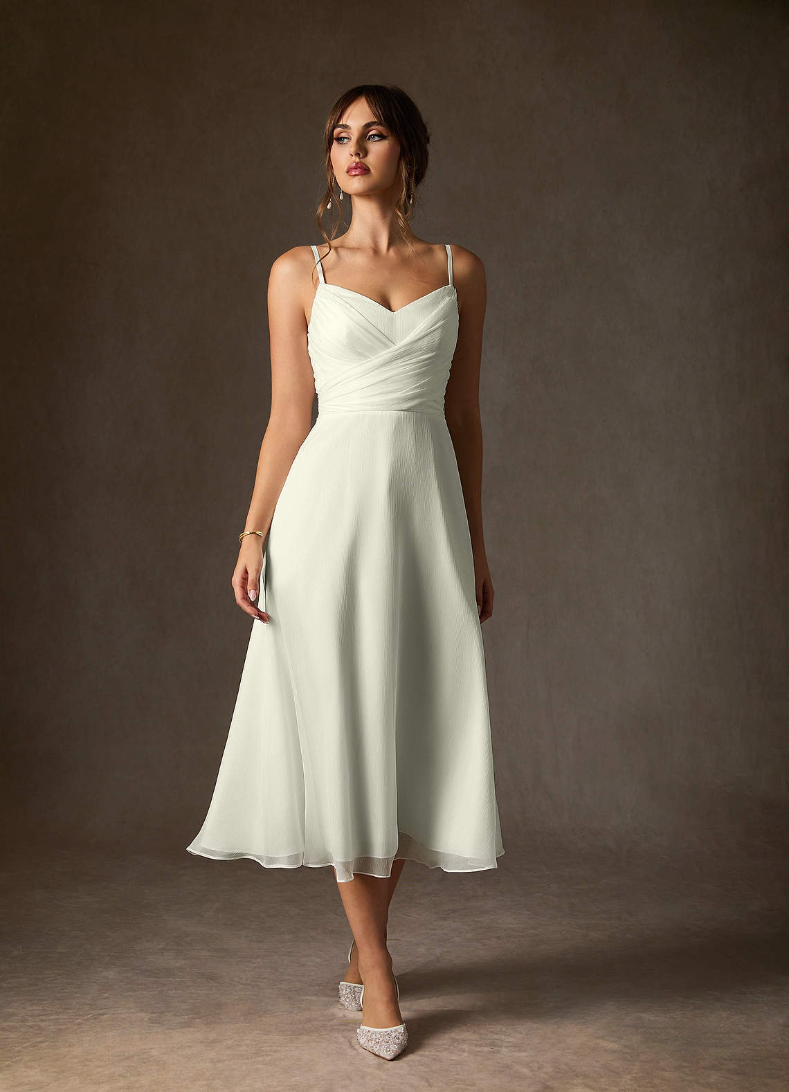 elyessen Kali Diamond White A-Line V-Neck Pleated Crinkle Chiffon Dress