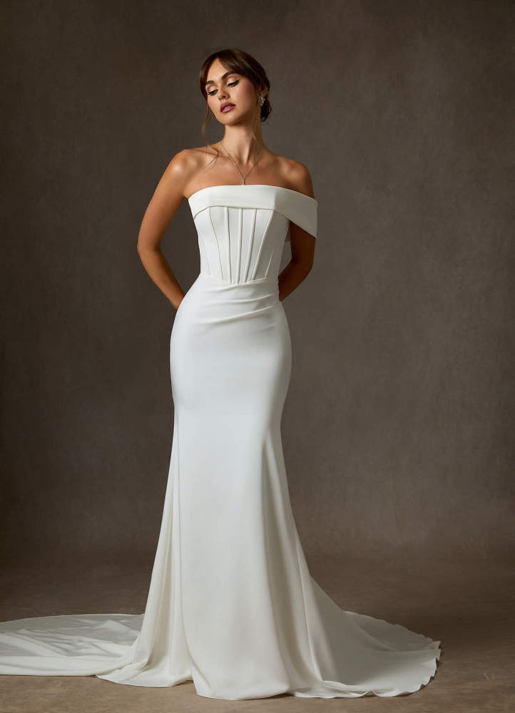 elyessen Grace Diamond White Mermaid Off the Shoulder Crepe Back Satin Dress