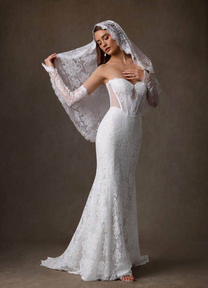 elyessen Issa Diamond White Sheath Strapless Lace Dress