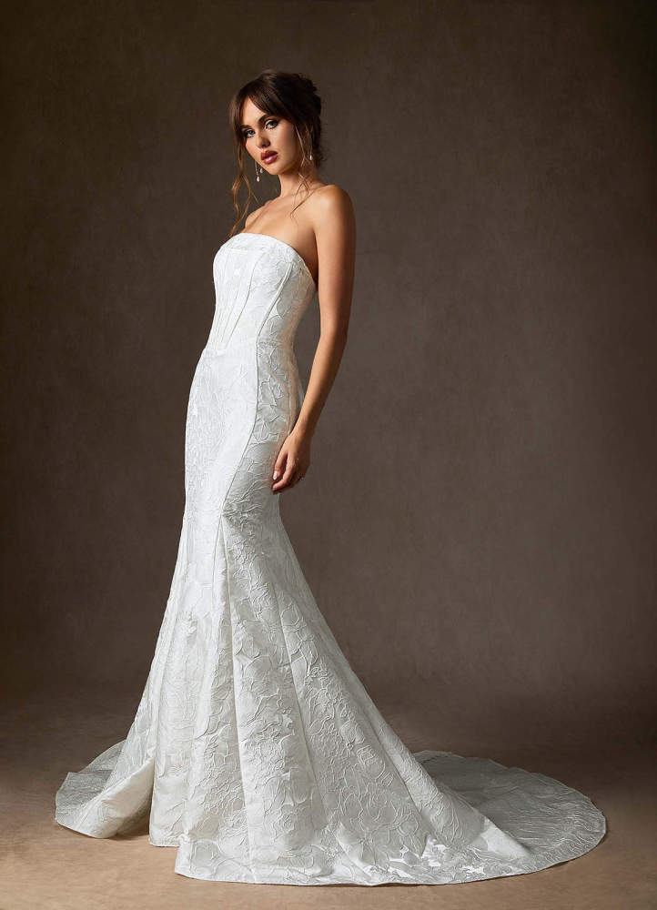 elyessen Kristella Diamond White Mermaid Strapless Floral Jacquard Dress