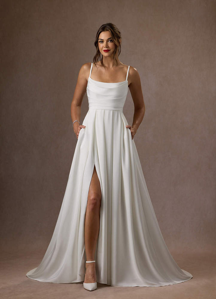 elyessen Caymus Diamond White A-Line Scoop Pleated Crepe Back Satin Dress