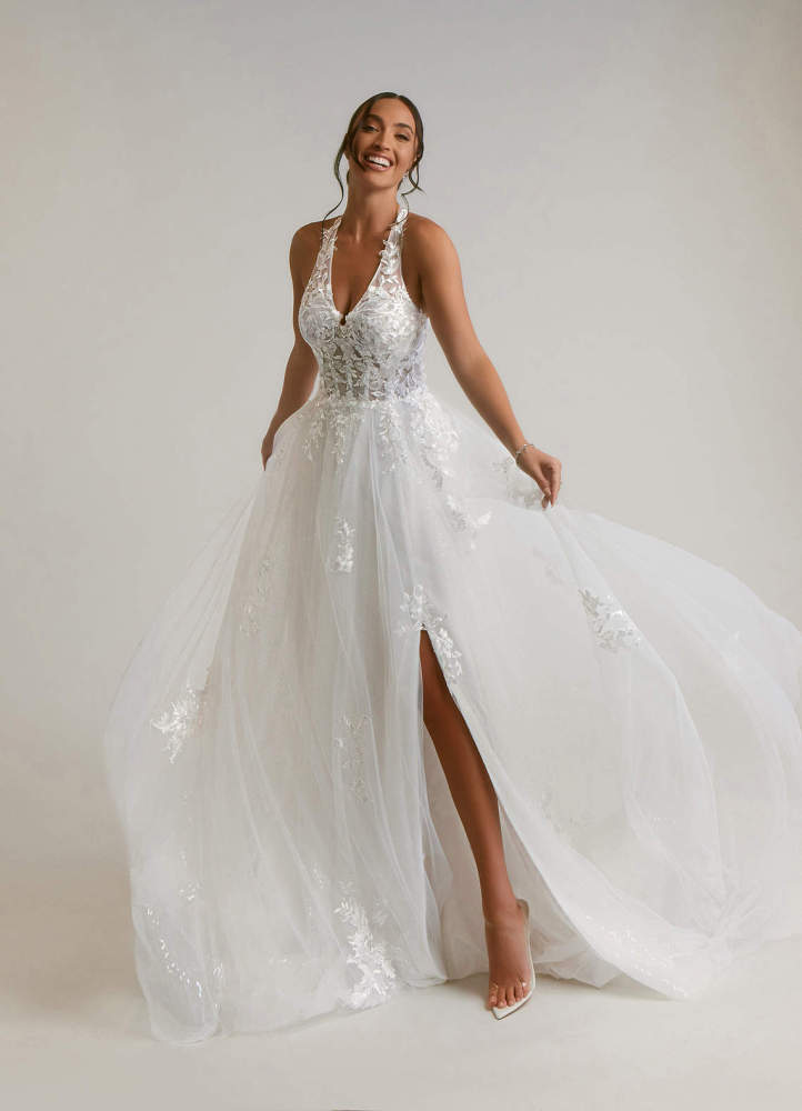 elyessen Dysis Diamond White A-Line Halter Sequins Tulle Dress