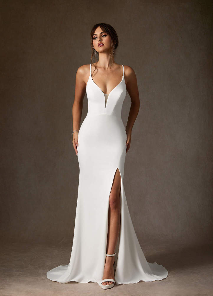 elyessen Stretch Diamond White Mermaid V-Neck Stretch Crepe Dress