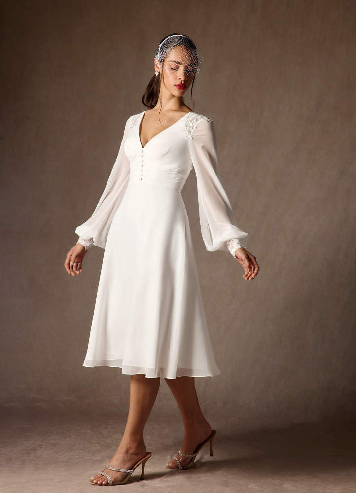 elyessen Amila Diamond White A-Line V-Neck Lace Chiffon Dress