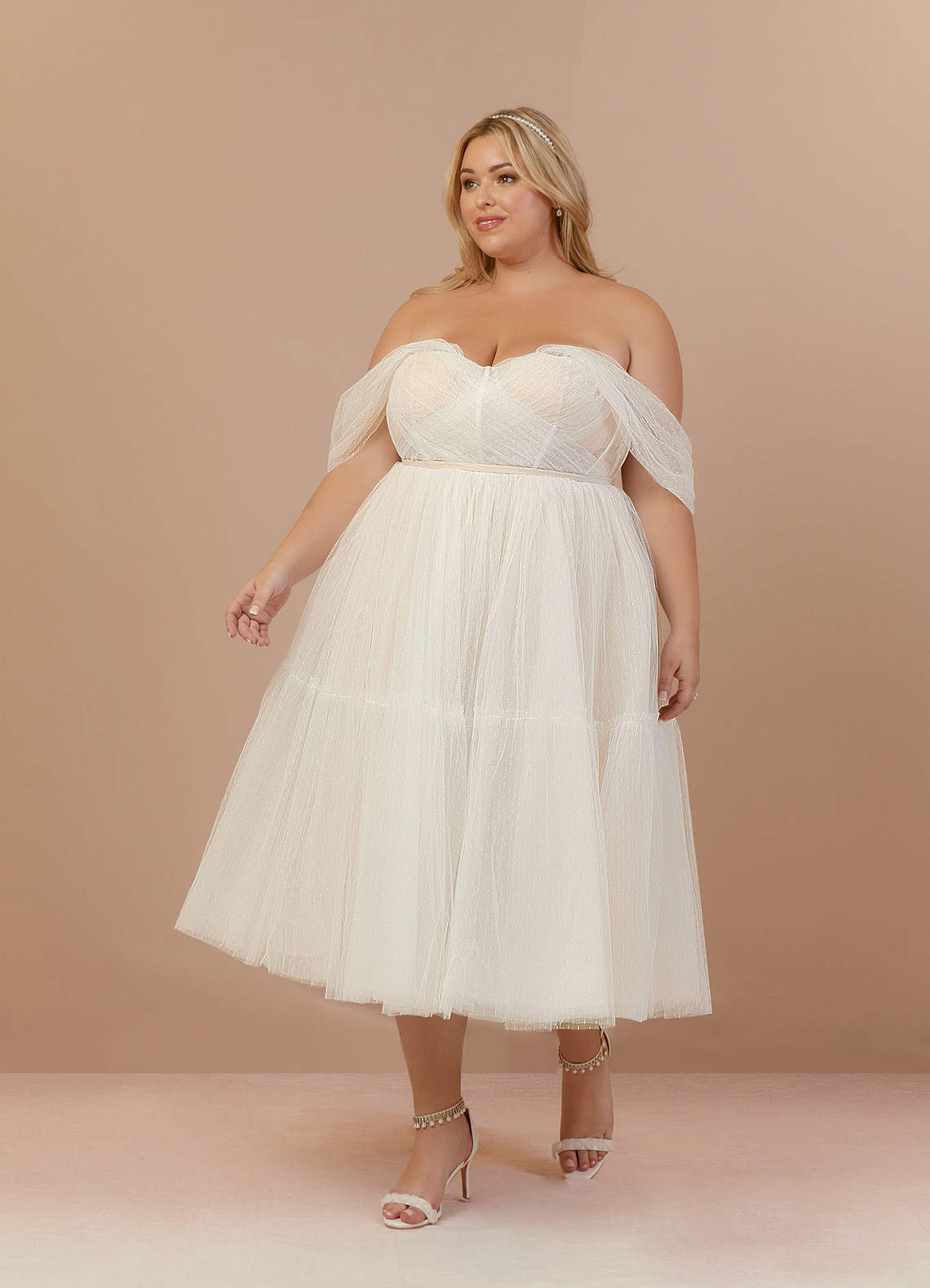 elyessen Vienna Diamond White Champagne A-Line Off-The-Shouler Tulle Dress