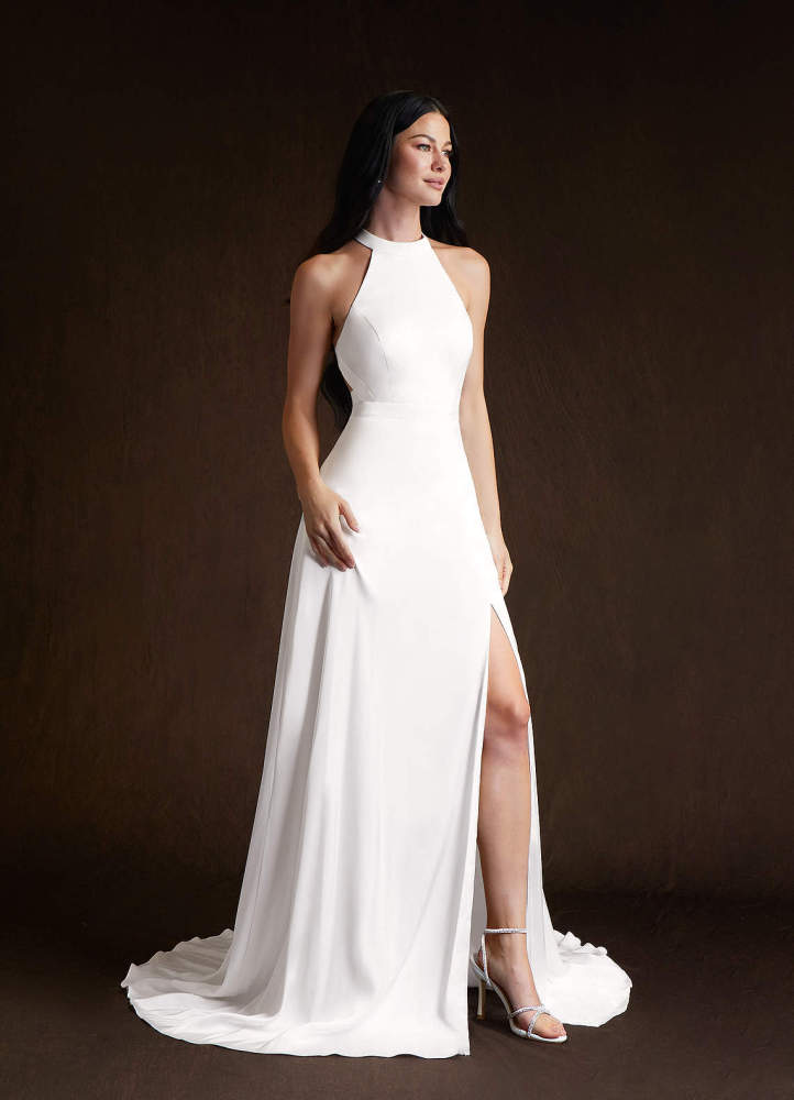elyessen Sian Stretch Diamond White A-Line Side Slit Stretch Satin Dress