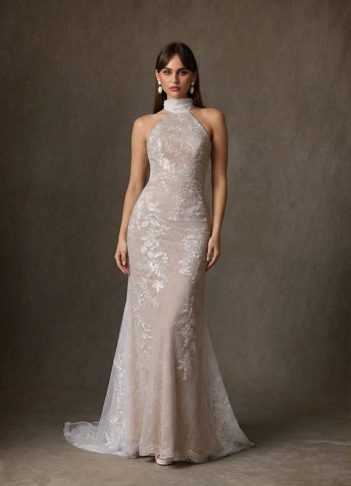 elyessen  Diamond White Sheath High Neck Lace Dress