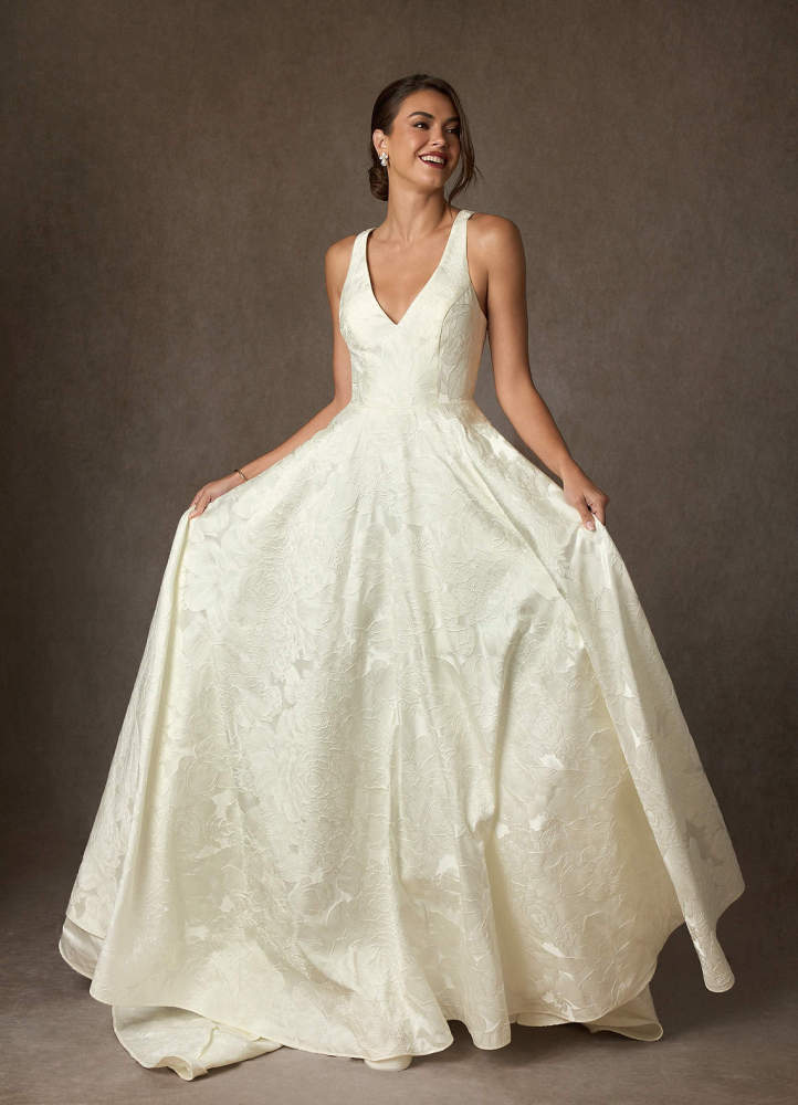 elyessen Olivette Diamond White Ball-Gown Strap Floral Jacquard Dress