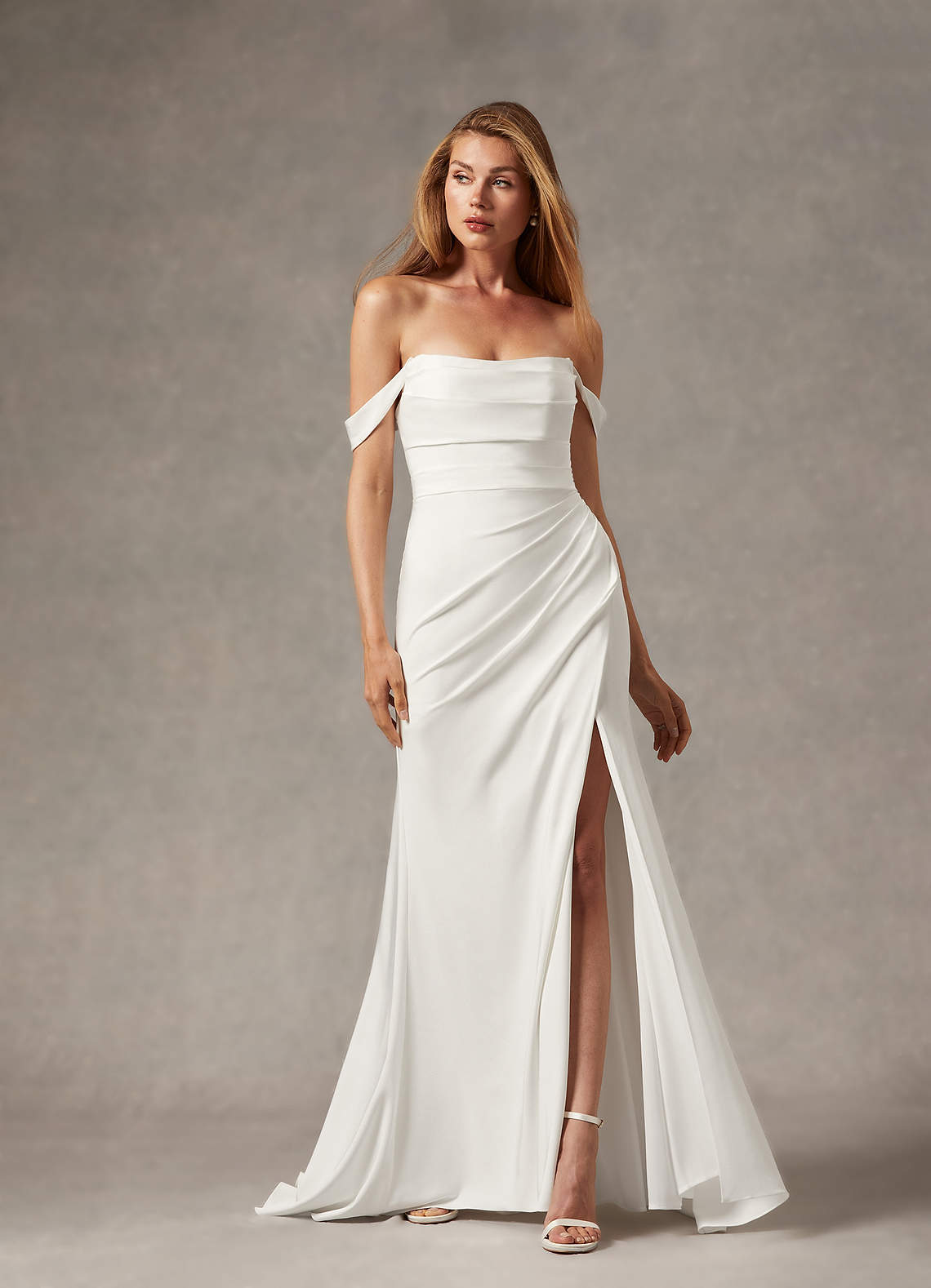 elyessen Moonlight Diamond White Mermaid Scoop Pleated Crepe Back Satin Dress