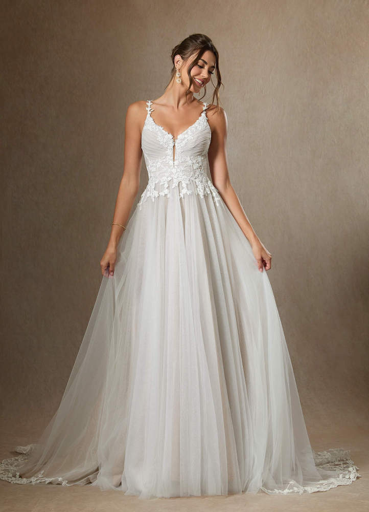 elyessen Devi Free pannier Diamond White A-Line V-Neck Lace Tulle Dress
