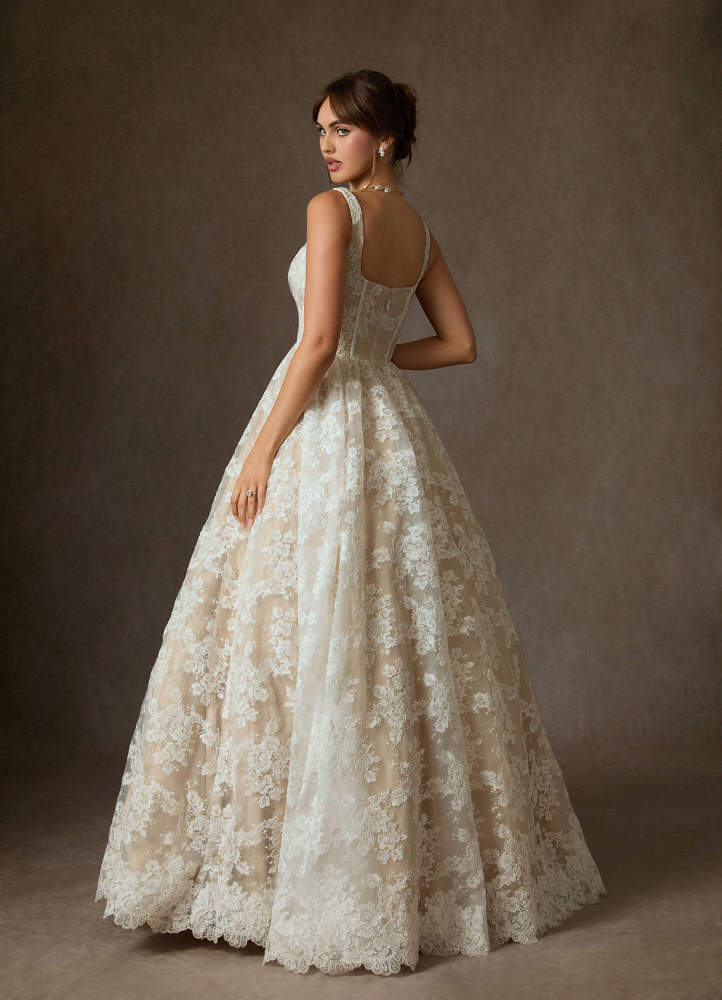 elyessen Geneva Diamond White Ball-Gown Square Neckline Lace Dress