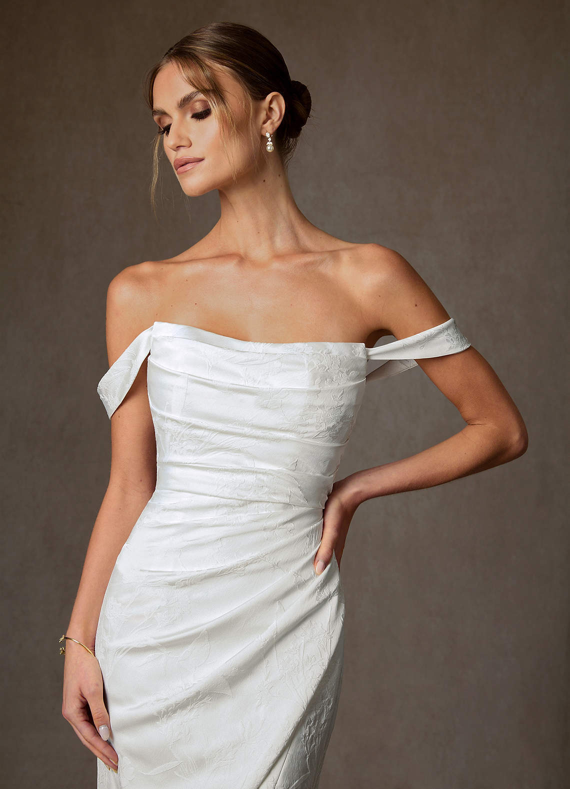elyessen Tilly Diamond White Sheath Off the Shoulder Floral Jacquard Dress