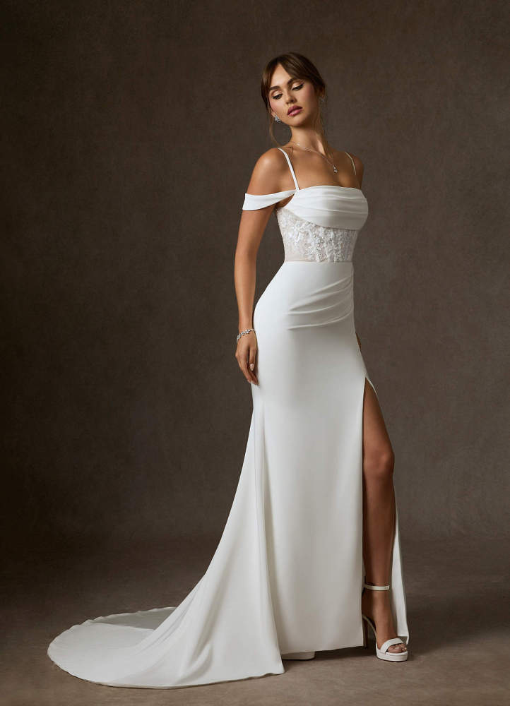 elyessen Alyce Diamond White Mermaid Off the Shoulder Crepe Back Satin Dress