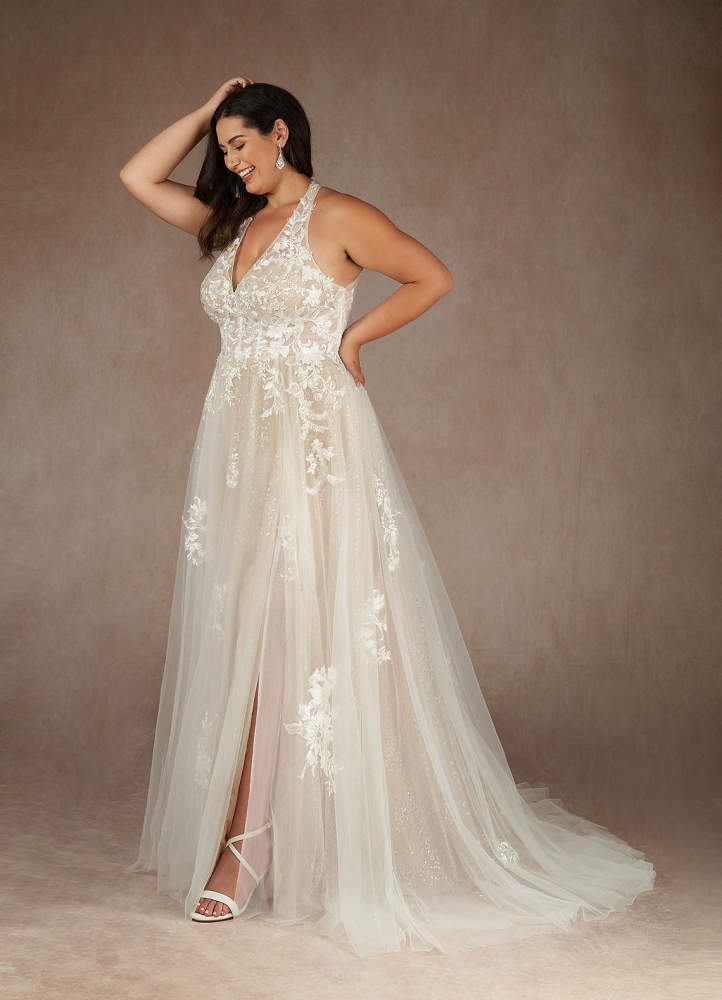 elyessen  Diamond White A-Line Halter Sequins Tulle Dress
