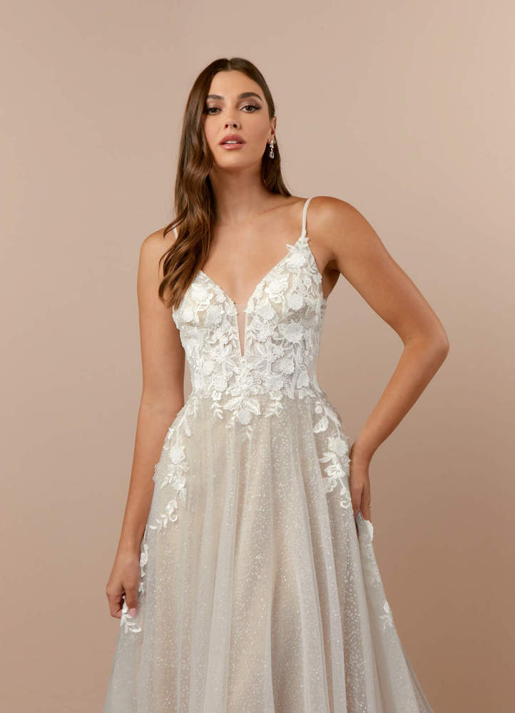 elyessen  Diamond White A-Line V-Neck Lace Tulle Dress