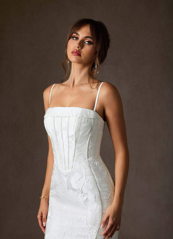 elyessen Diamond White Mermaid Strapless Floral Jacquard Dress