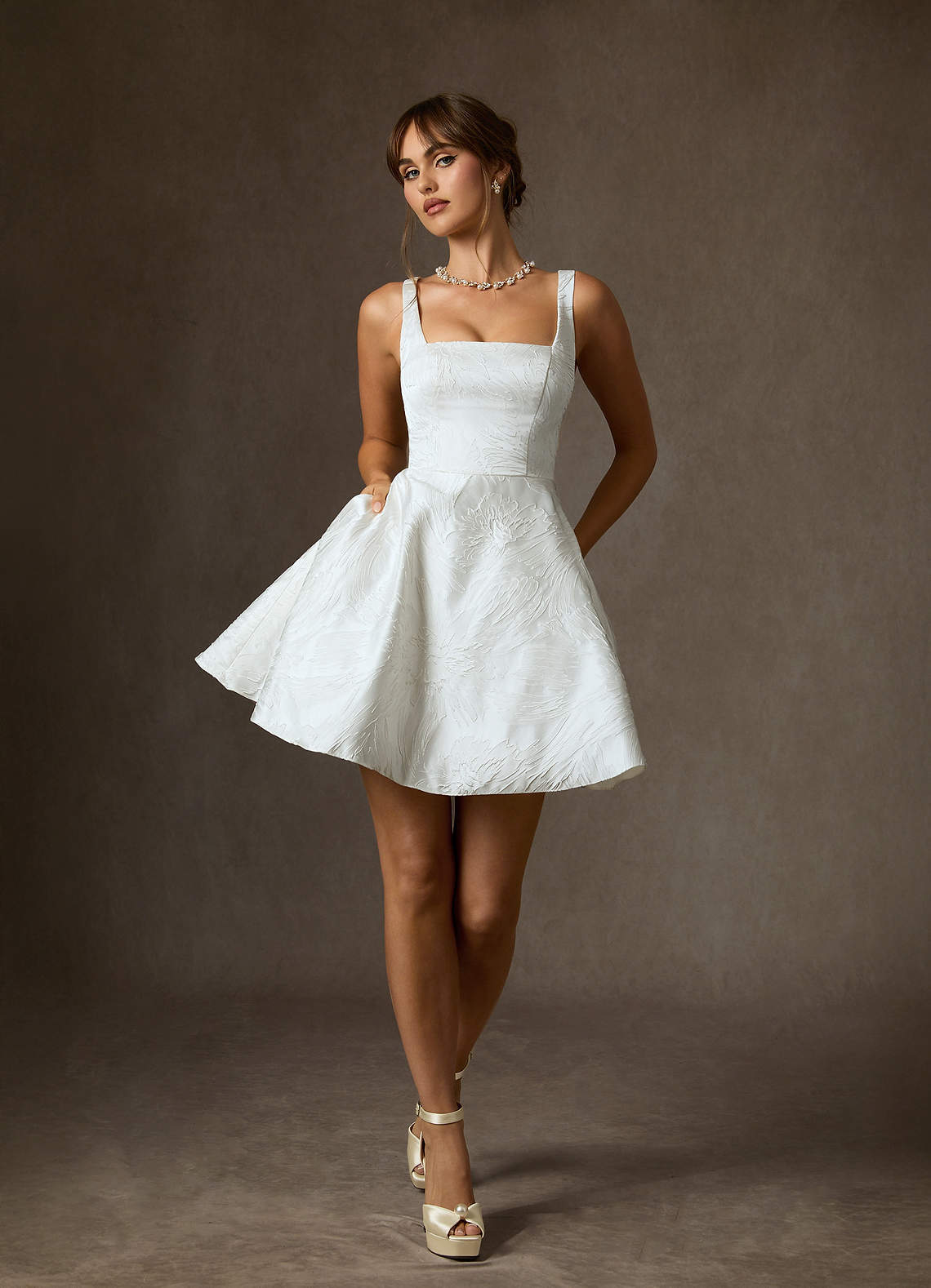 elyessen Regina Diamond White A-Line with Pockets Floral Jacquard Dress