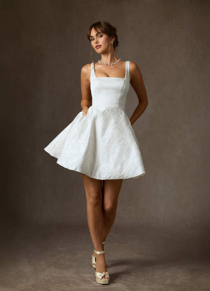elyessen Regina Diamond White A-Line with Pockets Floral Jacquard Dress