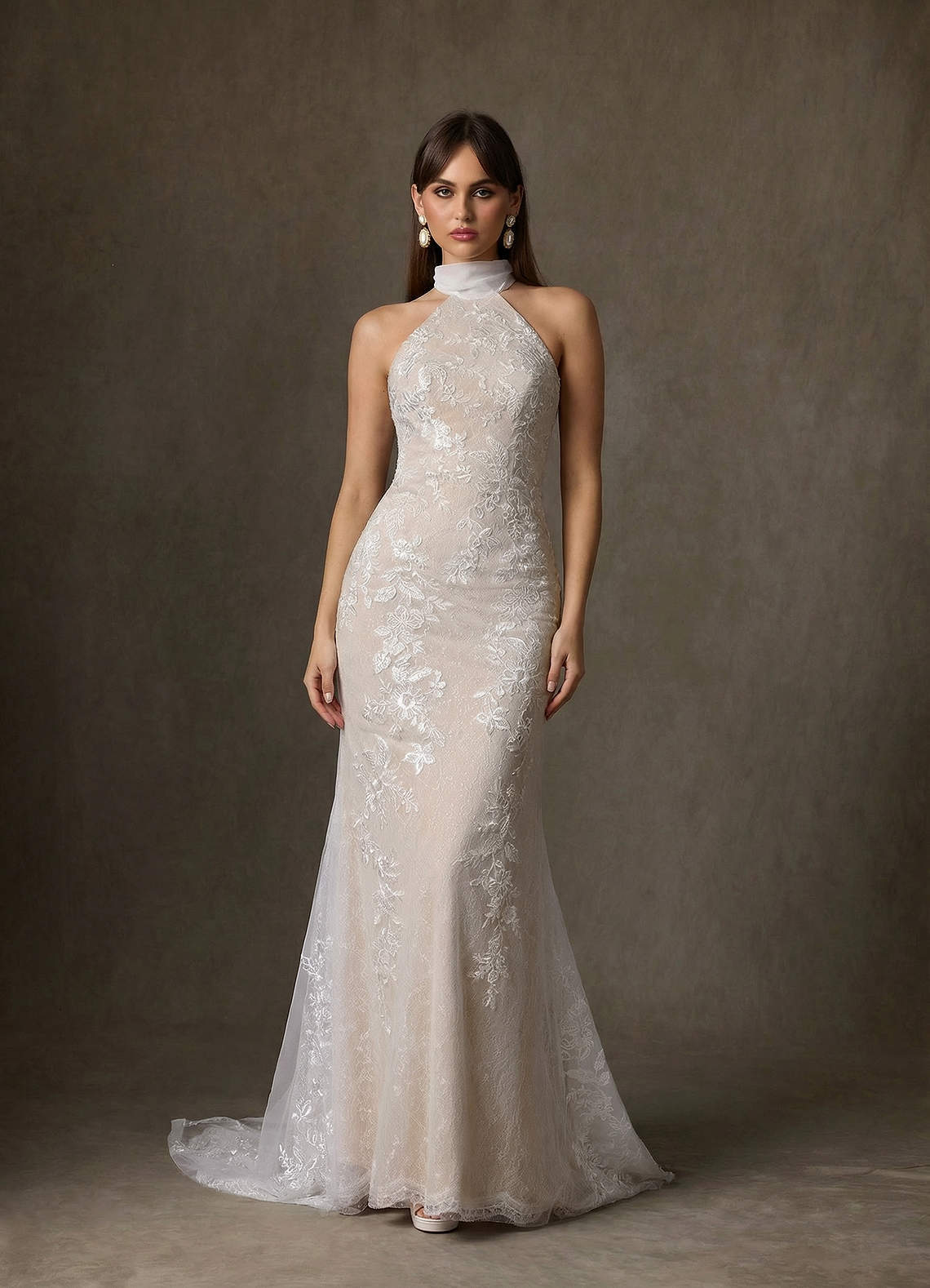 elyessen Kaiyana Diamond White Sheath High Neck Lace Dress