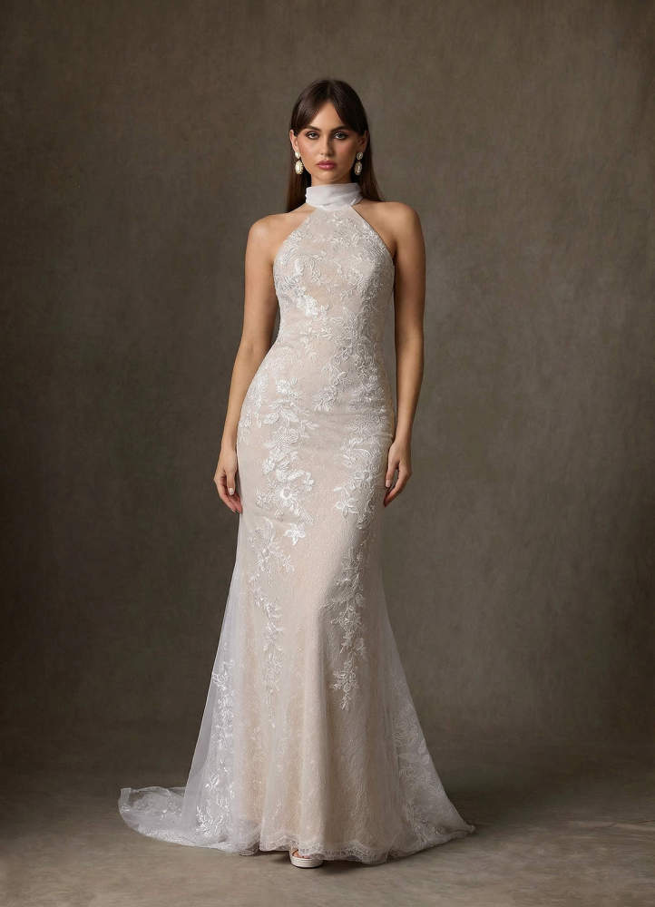 elyessen Kaiyana Diamond White Sheath High Neck Lace Dress