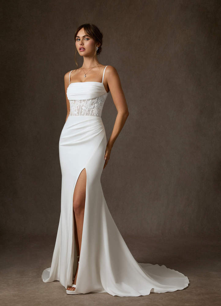 elyessen Alyce Diamond White Mermaid Off the Shoulder Crepe Back Satin Dress