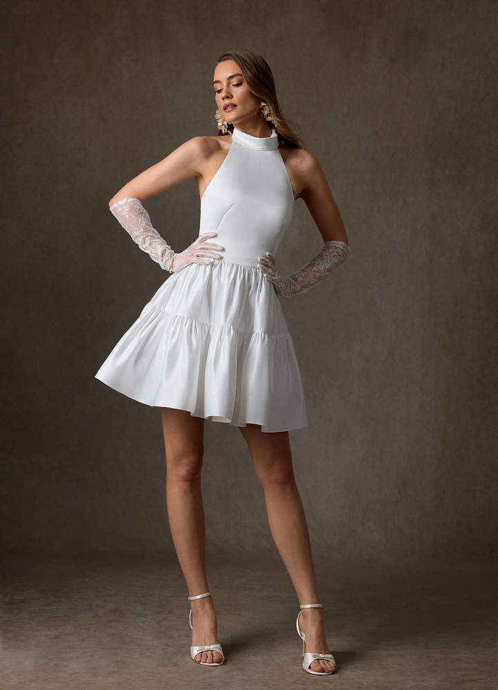 elyessen Malini Diamond White A-Line High Neck Satin Dress