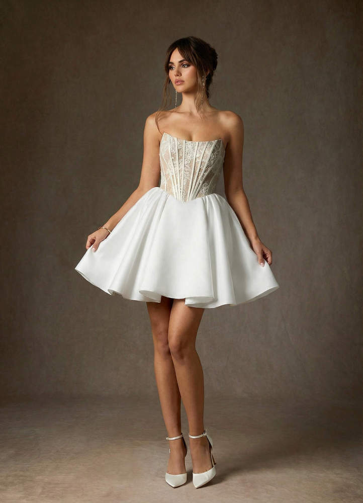 elyessen Diamond White A-Line Strapless Lace Dress