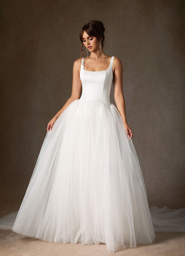 elyessen Samirah Diamond White A-Line Detachable Train Double Faced Satin Dress