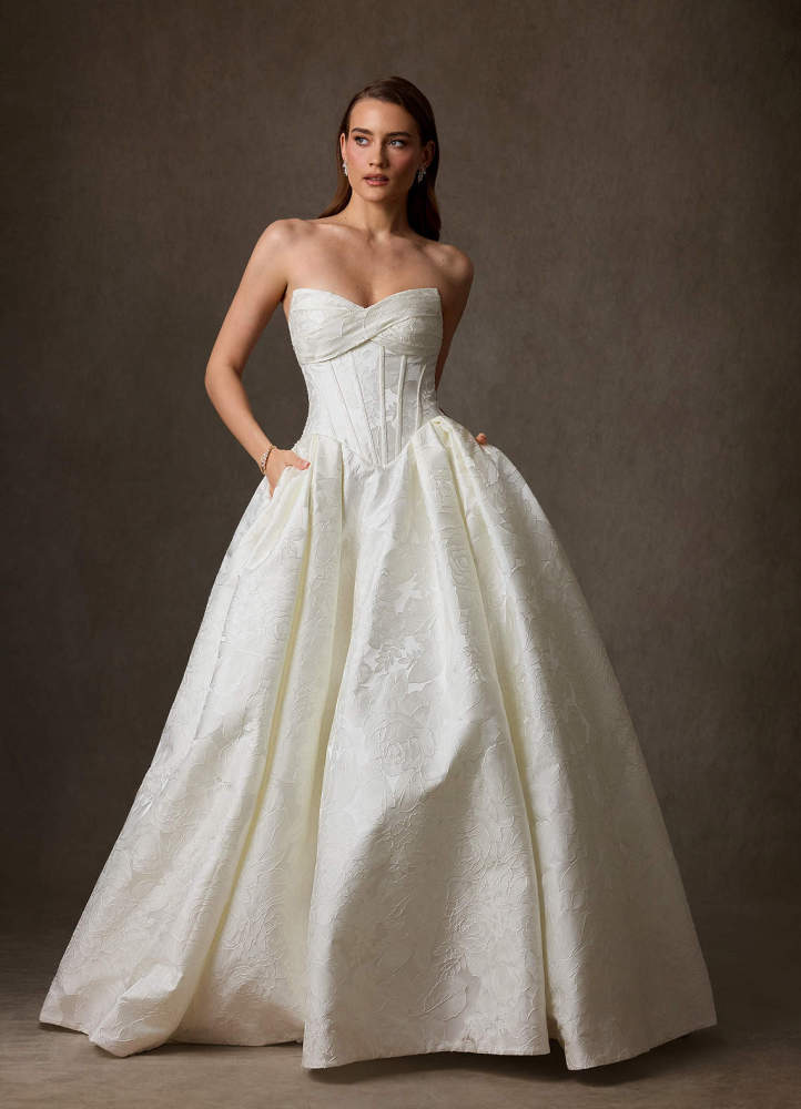 elyessen Genevieve Diamond White Ball-Gown Strapless Floral Jacquard Dress