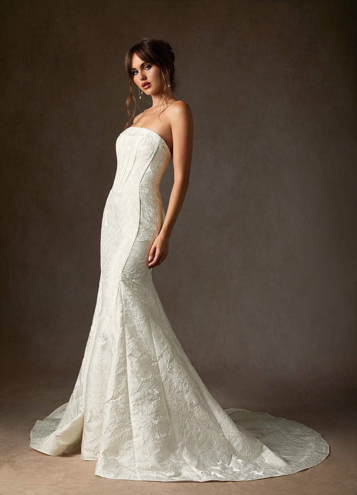 elyessen Kristella Diamond White Mermaid Strapless Floral Jacquard Dress