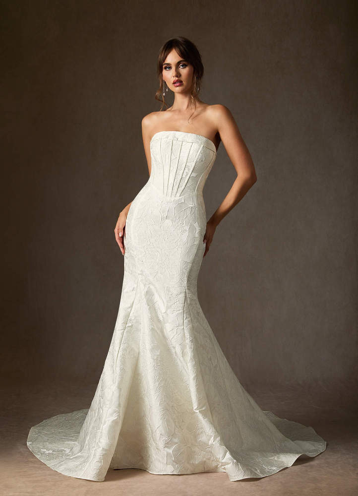 elyessen Kristella Diamond White Mermaid Strapless Floral Jacquard Dress