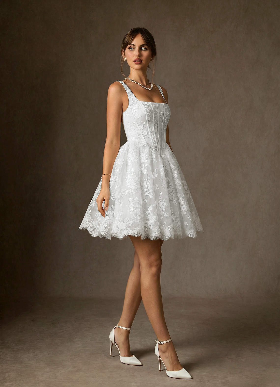 elyessen Nolicia Diamond White Ball-Gown Square Neckline Lace Dress