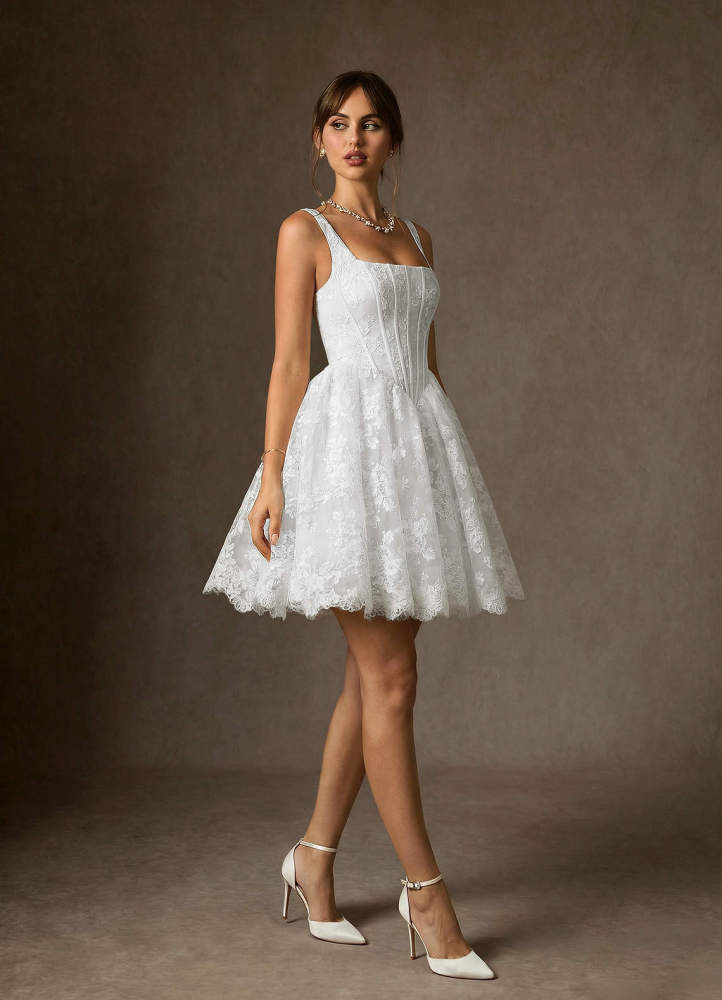 elyessen Nolicia Diamond White Ball-Gown Square Neckline Lace Dress