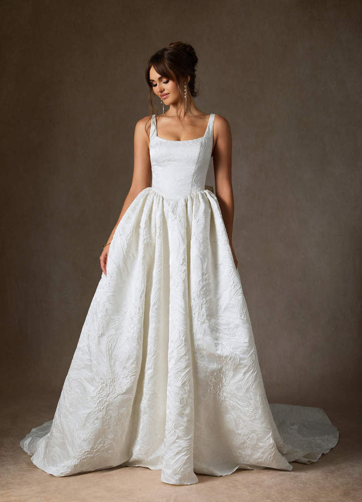 elyessen  Diamond White Ball-Gown with Pockets Floral Jacquard Dress