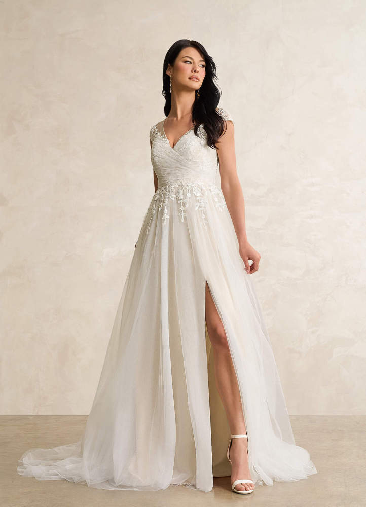 elyessen  Diamond White A-Line V-Neck Tulle Dress