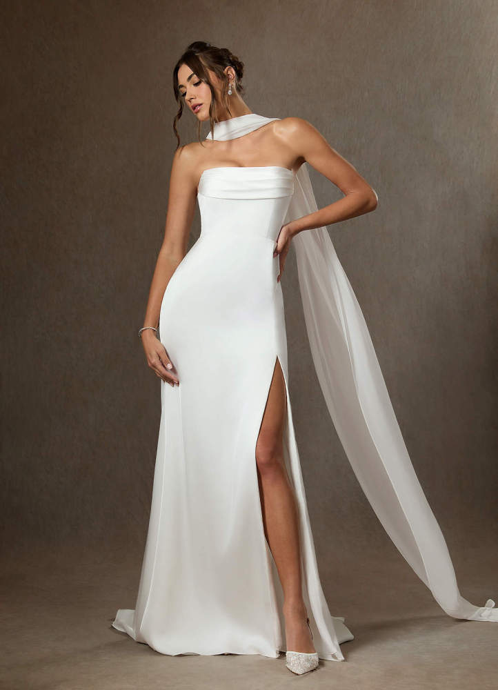 elyessen Blithe Stretch Diamond White Sheath Side Slit Stretch Satin Dress