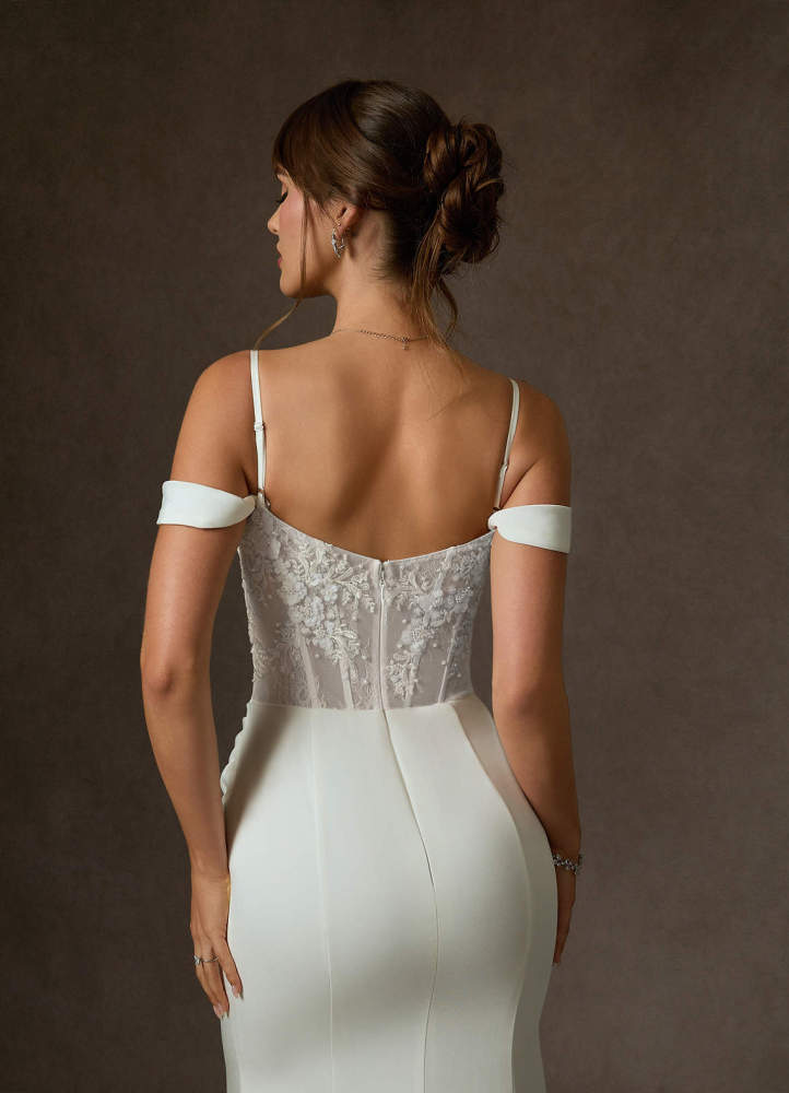 elyessen Alyce Diamond White Mermaid Off the Shoulder Crepe Back Satin Dress