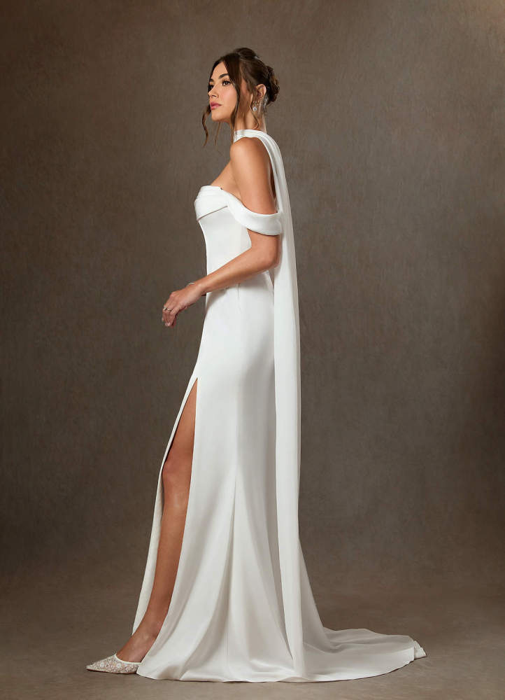 elyessen Blithe Stretch Diamond White Sheath Side Slit Stretch Satin Dress