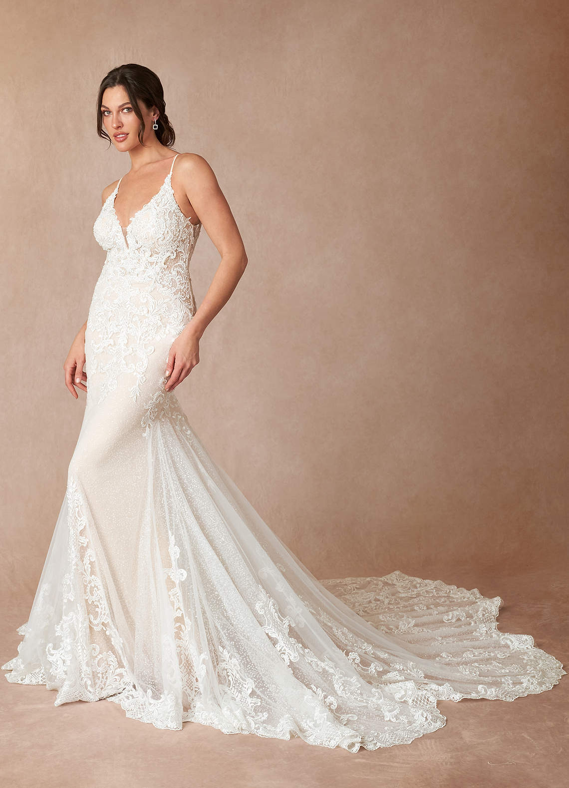 elyessen Selene Diamond White Mermaid V-Neck Lace Dress