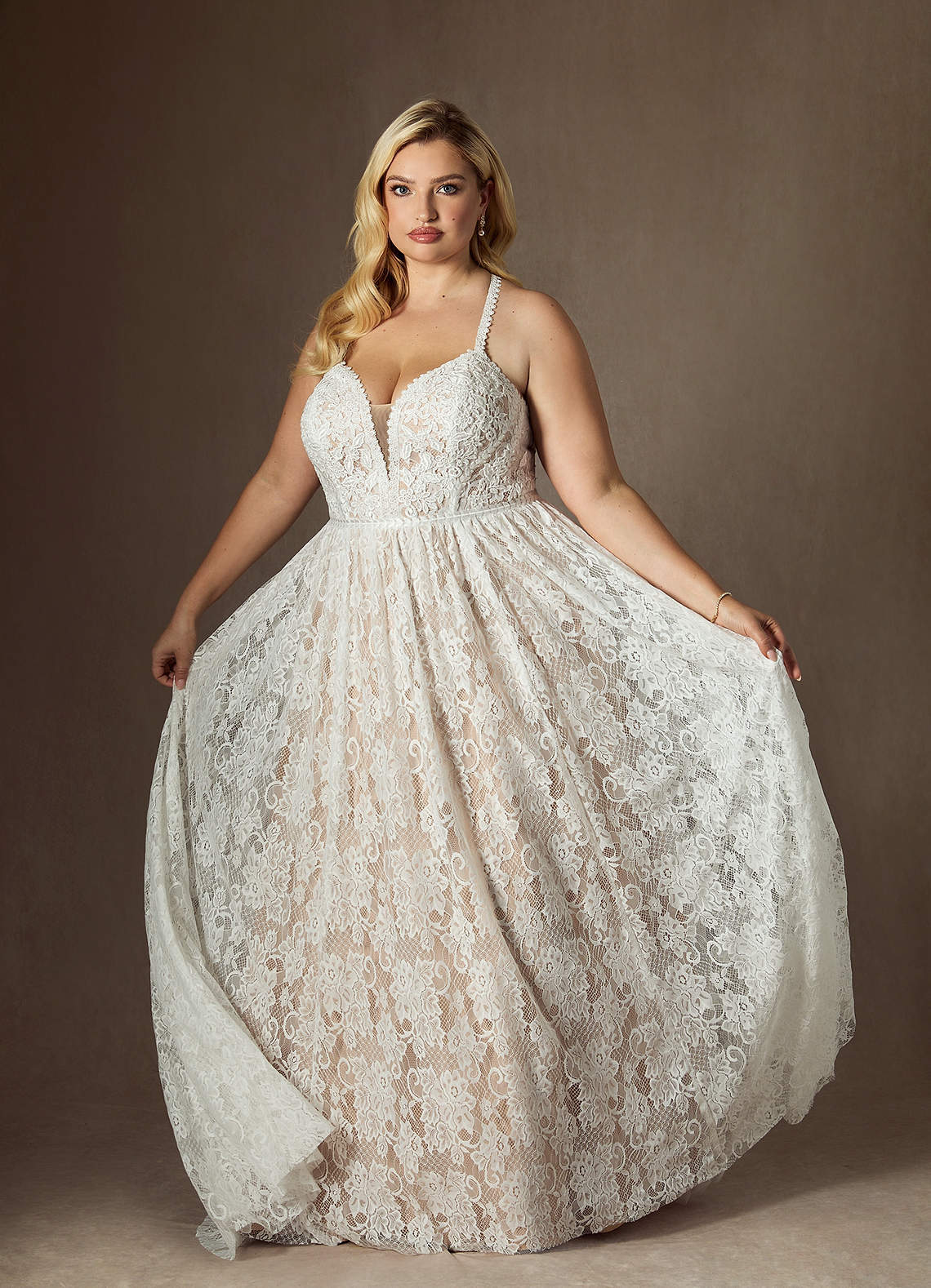 elyessen  Diamond White Champagne A-Line Lace Dress