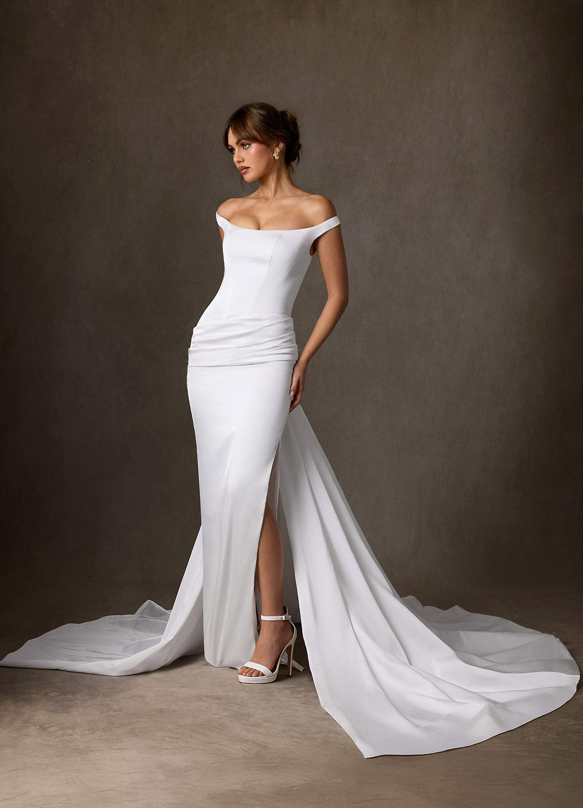 elyessen Marciana 
                Stretch Diamond White Sheath Off the Shoulder Stretch Satin Dress