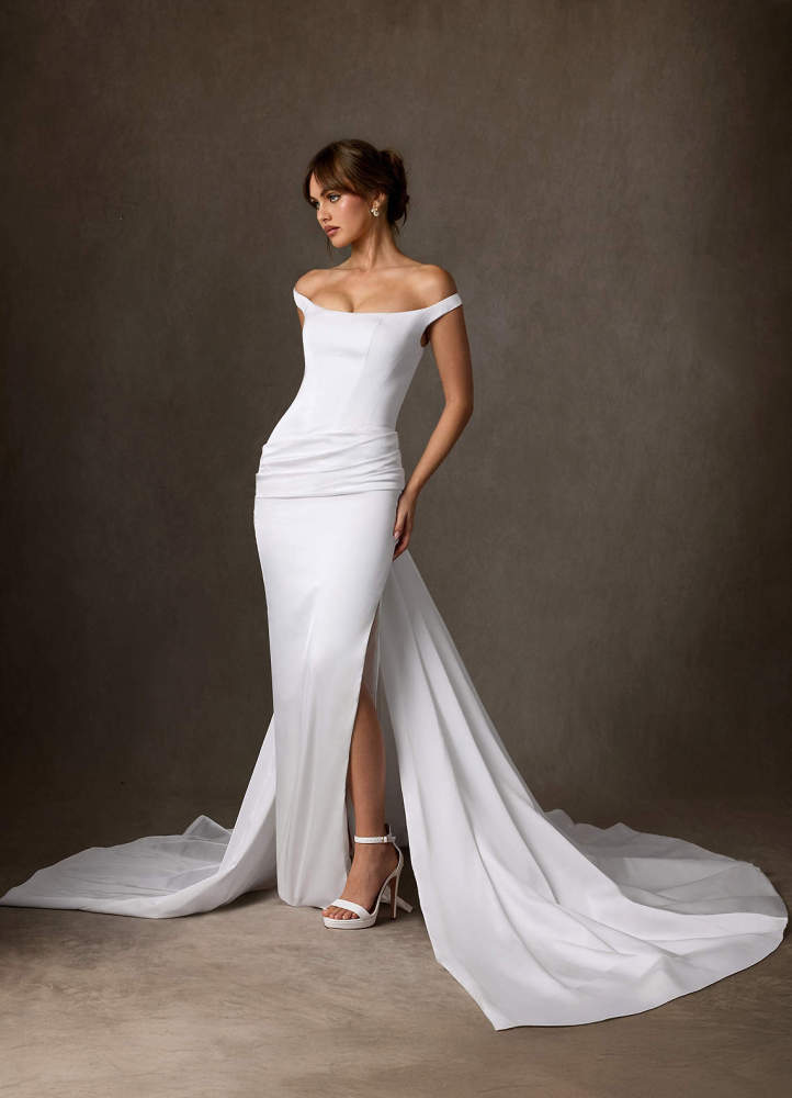 elyessen Marciana 
                Stretch Diamond White Sheath Off the Shoulder Stretch Satin Dress