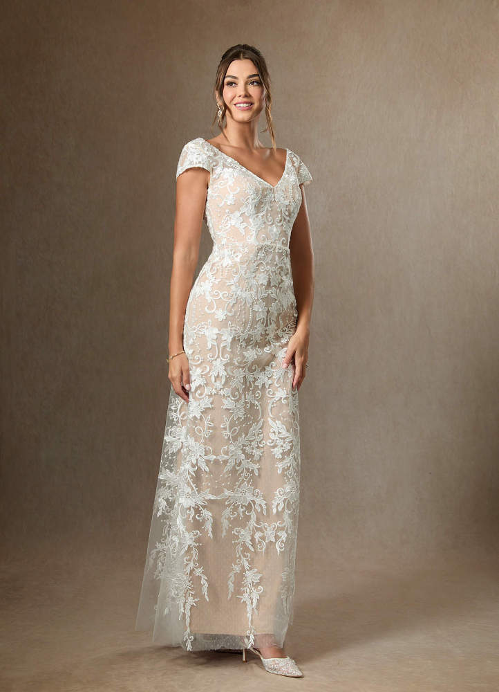 elyessen Devonna Diamond White Sheath V-Neck Sequins Lace Dress